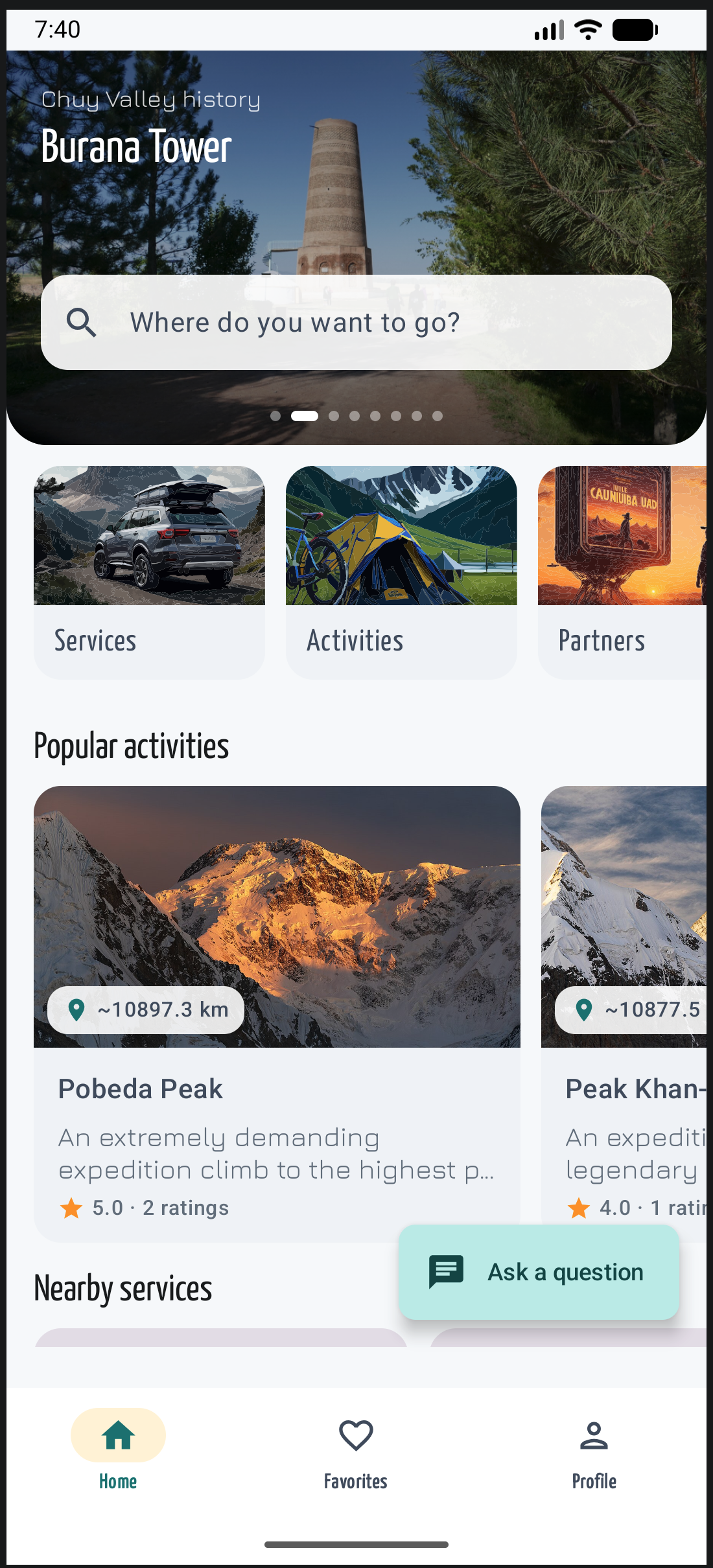 Tourist Friendly Assistant mobile app home screen with Burana Tower